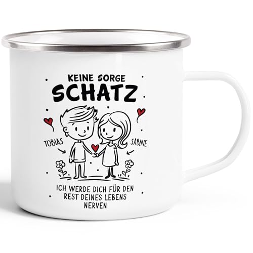 SpecialMe® Emaille-Tasse Liebe Geschenk Lustig Keine Sorge Schatz Strichmännchen Paar mit Namen Jahrestag Valentinstag emaille-weiß-silber standard von SpecialMe