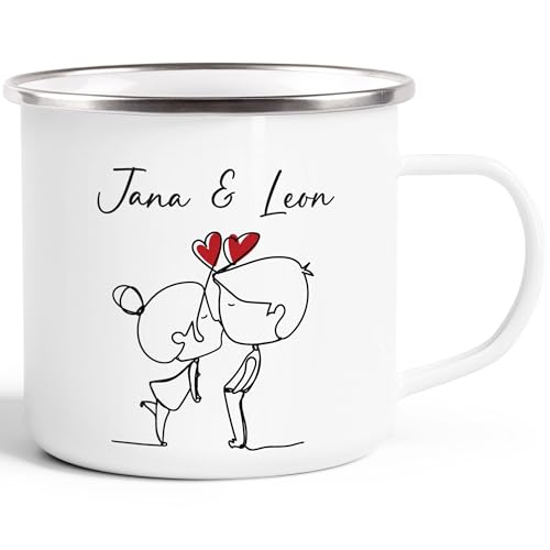 SpecialMe® Emaille-Tasse Liebe Herz personalisiert mit Namen Geschenk Jahrestag Valentinstag Paare Mann Frau emaille-weiß-silber Emailletasse von SpecialMe