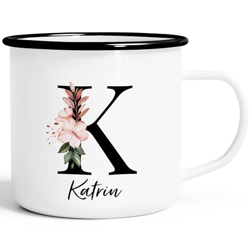 SpecialMe® Emaille-Tasse Monogramm Initiale mit Namen personalisiert Blumen Blüten Dekor Floral Buchstabe Uni emaille-weiß-schwarz standard von SpecialMe