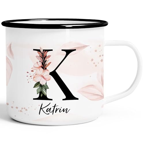 SpecialMe® Emaille-Tasse Monogramm Initiale mit Namen personalisiert Blumen Blüten Dekor Floral Buchstabe floral emaille-weiß-schwarz standard von SpecialMe