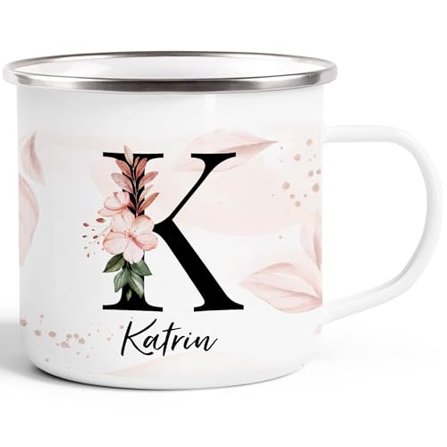 SpecialMe® Emaille-Tasse Monogramm Initiale mit Namen personalisiert Blumen Blüten Dekor Floral Buchstabe floral emaille-weiß-silber standard von SpecialMe