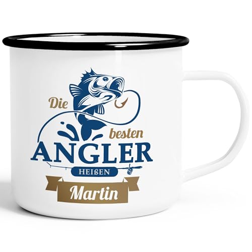 SpecialMe® Emaille-Tasse Name Geschenk Angeln Spruch Die besten Angler heißen Wunschname personalisierte Geschenke weiß-schwarz Emailletasse von SpecialMe