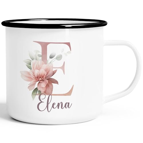 SpecialMe® Emaille-Tasse Name Initiale Blumen Eukalyptus Floral Monogramm personalisierte Geschenke weiß-schwarz Emailletasse von SpecialMe