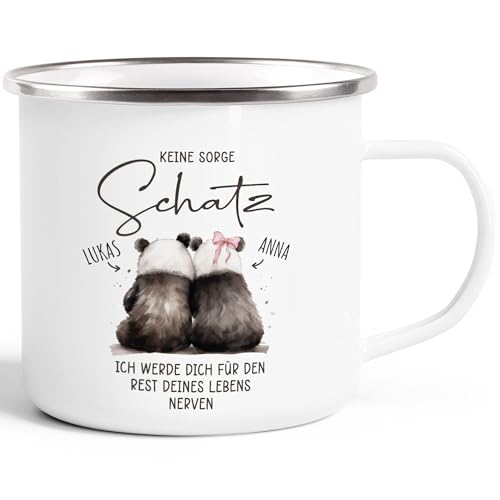 SpecialMe® Emaille-Tasse Panda Pärchen Geschenk personalisiert mit Namen Spruch Keine Sorge Schatz emaille-weiß-silber standard von SpecialMe
