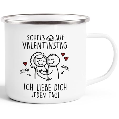 SpecialMe® Emaille-Tasse Spruch Liebe Lustig Scheiß Valentinstag Geschenk personalisiert Wunschnamen Strichmännchen Mann Frau emaille-weiß-silber standard von SpecialMe