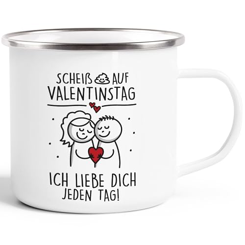 SpecialMe® Emaille-Tasse Spruch Lustig Scheiß auf Valentinstag Ich Liebe dich Geschenk Pärchen Strichmännchen emaille-weiß-silber standard von SpecialMe