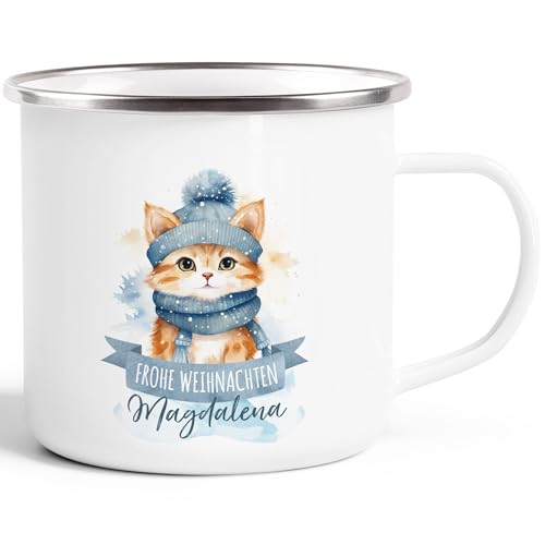 SpecialMe® Emaille Tasse Weihnachten Tier-Motive personalisiert mit Namen Namenstasse Geschenk für Jungen und Mädchen Katze 2 emaille-weiß-silber standard von SpecialMe