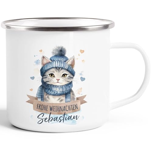 SpecialMe® Emaille Tasse Weihnachten Tier-Motive personalisiert mit Namen Namenstasse Geschenk für Jungen und Mädchen Katze emaille-weiß-silber standard von SpecialMe