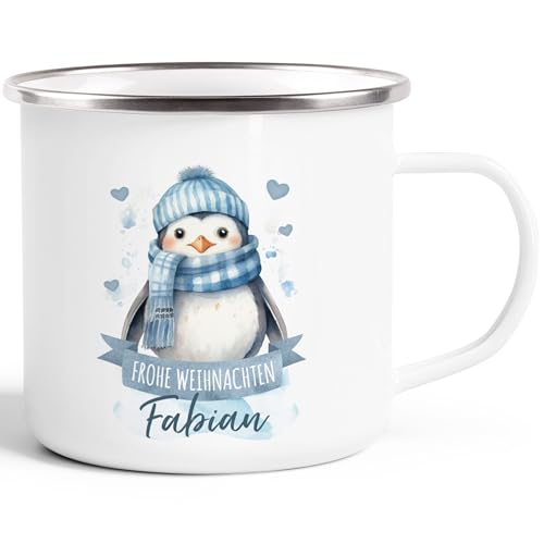 SpecialMe® Emaille Tasse Weihnachten Tier-Motive personalisiert mit Namen Namenstasse Geschenk für Jungen und Mädchen Pinguin emaille-weiß-silber standard von SpecialMe