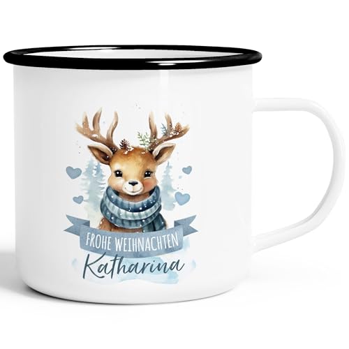 SpecialMe® Emaille Tasse Weihnachten Tier-Motive personalisiert mit Namen Namenstasse Geschenk für Jungen und Mädchen Rentier emaille-weiß-schwarz standard von SpecialMe