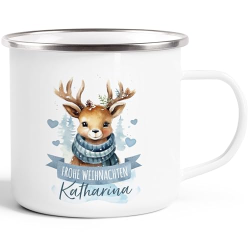 SpecialMe® Emaille Tasse Weihnachten Tier-Motive personalisiert mit Namen Namenstasse Geschenk für Jungen und Mädchen Rentier emaille-weiß-silber standard von SpecialMe