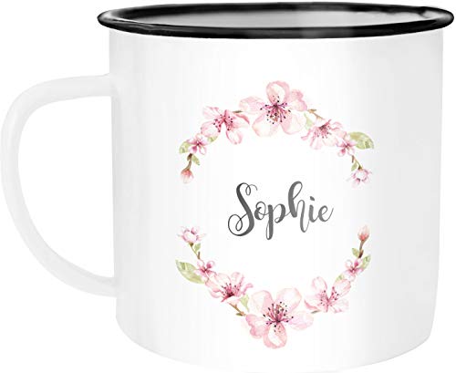 SpecialMe® Emaille-Tasse mit Namen Blumen Emaille-Becher personalisierte Geschenke Frauen Mädchen Namensbecher weiß-schwarz Emailletasse von SpecialMe