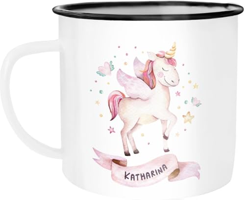 SpecialMe® Emaille-Tasse mit Namen Einhorn Motiv Emaille-Becher personalisierte Geschenke Namensbecher Unicorn weiß-schwarz Emailletasse von SpecialMe