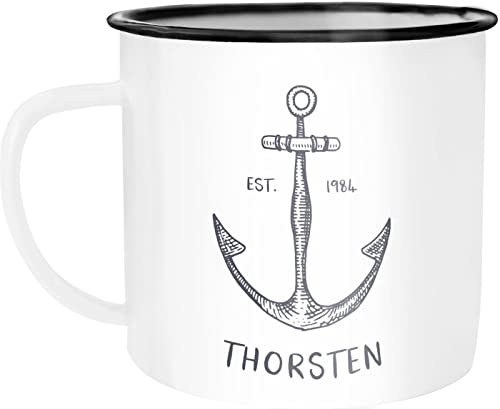 SpecialMe® Emaille-Tasse mit Namen Emaille-Becher personalisierte Geschenke Namensaufdruck Anker Namensbecher weiß-schwarz Emailletasse von SpecialMe