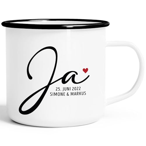 SpecialMe® Emaille-Tasse personalisiert Geschenk Hochzeit Hochzeitstag Namen und Datum Herz Hochzeitsgeschenk emaille-weiß-schwarz standard von SpecialMe