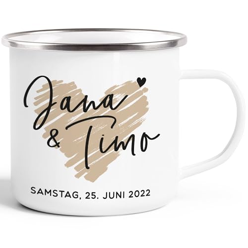 SpecialMe® Emaille-Tasse personalisiert Hochzeit Hochzeitstag Jahrestag mit Namen und Datum Hochzeitsgeschenk Herz emaille-weiß-silber standard von SpecialMe