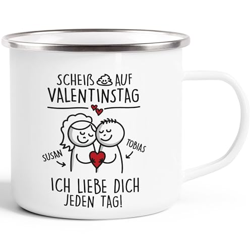 SpecialMe® Emaille-Tasse personalisiert Liebe Scheiß auf Valentinstag Geschenk mit Namen Strichmännchen Lustig emaille-weiß-silber standard von SpecialMe