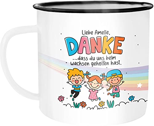 SpecialMe® Emailletasse Danke dass du uns beim Wachsen geholfen hast personalisiert mit Namen Geschenk Abschied Erzieherin emaille-weiß-schwarz standard von SpecialMe