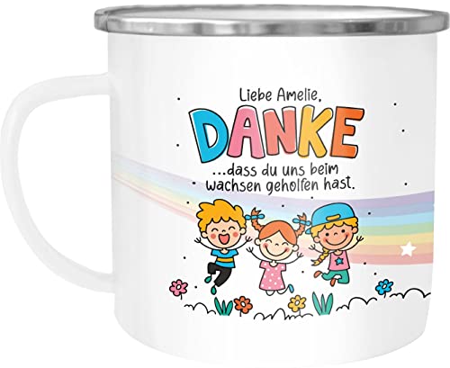 SpecialMe® Emailletasse Danke dass du uns beim Wachsen geholfen hast personalisiert mit Namen Geschenk Abschied Erzieherin emaille-weiß-silber standard von SpecialMe