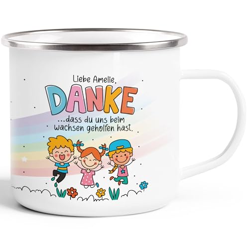 SpecialMe® Emailletasse Danke dass du uns beim Wachsen geholfen hast personalisiert mit Namen Geschenk Abschied Erzieherin emaille-weiß-silber standard von SpecialMe
