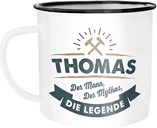 SpecialMe® Emailletasse Namenstasse Wunsch-Name Der Mann, der Mytos, die Legende Vatertasgeschenk personalisierte Geschenke Männer weiß-schwarz Emailletasse von SpecialMe