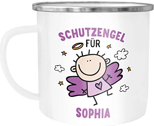 SpecialMe® Emailletasse Schutzengel mit Name Emaille-Becher personalisierte Geschenke Glückstasse Glücksbringer weiß-metall-lila Emailletasse von SpecialMe