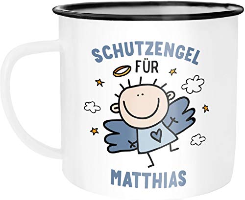 SpecialMe® Emailletasse Schutzengel mit Name Emaille-Becher personalisierte Geschenke Glückstasse Glücksbringer weiß-schwarz-blau Emailletasse von SpecialMe