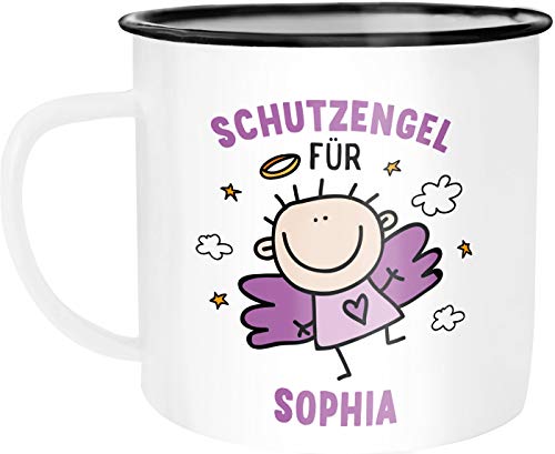 SpecialMe® Emailletasse Schutzengel mit Name Emaille-Becher personalisierte Geschenke Glückstasse Glücksbringer weiß-schwarz-lila Emailletasse von SpecialMe