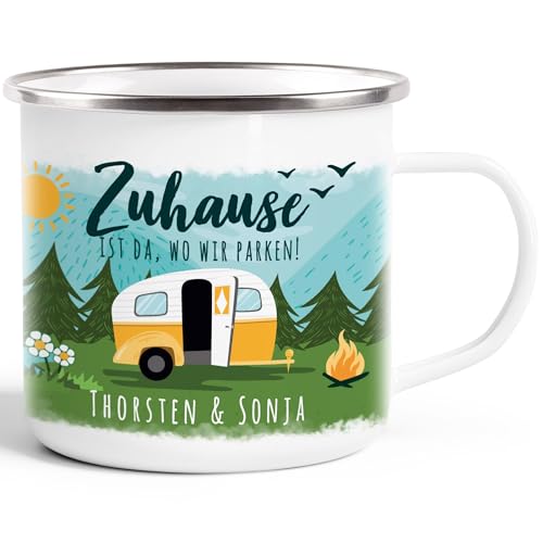 SpecialMe® Emailletasse personalisiert mit Namen Zuhause ist da wo wir parken Wohnwagen Camping Geschenke emaille-weiß-silber standard von SpecialMe