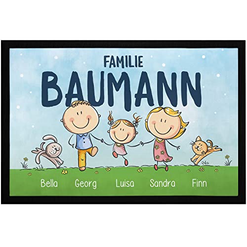 SpecialMe® Fußmatte Familie 1,2,3,4 Kinder personalisiert mit Namen Hund Katze Strichmännchen Geschenk rutschfest & waschbar schwarz 60x40cm von SpecialMe