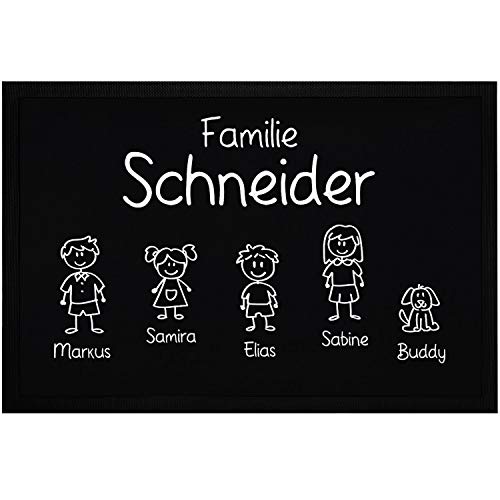 SpecialMe® Fußmatte Familie Nachname Vornamen 1, 2, 3 & mehr Kinder Hund Katze Strichmännchen schwarz 60x40cm von SpecialMe