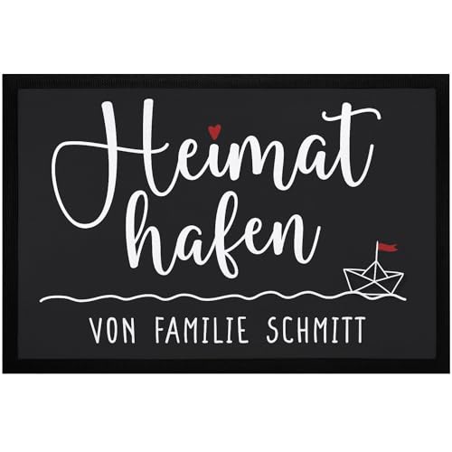 SpecialMe® Fußmatte Heimathafen mit Namen Familie personalisierbar Leuchtturm Papierschiff Boot rutschfest & waschbar 1 schwarz 60x40cm von SpecialMe