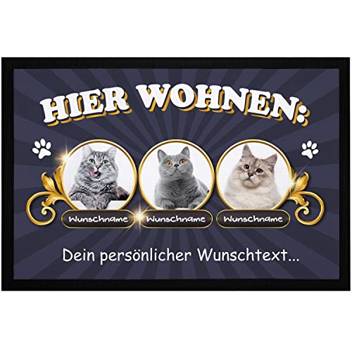 SpecialMe® Fußmatte Katzen personalisiert (1-3) mit Namen und eigenem Foto Text Wunschtext Geschenk für Katzenbesitzer 3 Katzen schwarz 60x40cm von SpecialMe