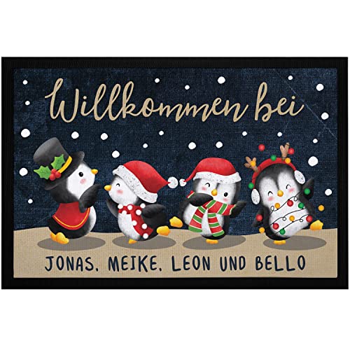SpecialMe® Fußmatte Winter Pinguine mit Namen personalisiert Weihnachten Schnee Familie rutschfest & waschbar schwarz 60x40cm von SpecialMe