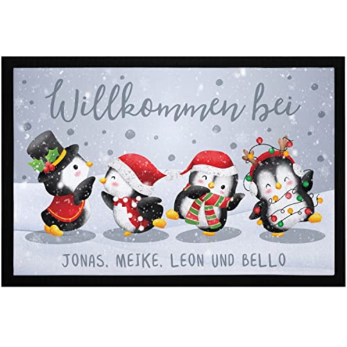 SpecialMe® Fußmatte Winter Pinguine mit Namen personalisiert Weihnachten Schnee Familie rutschfest & waschbar weiß 60x40cm von SpecialMe