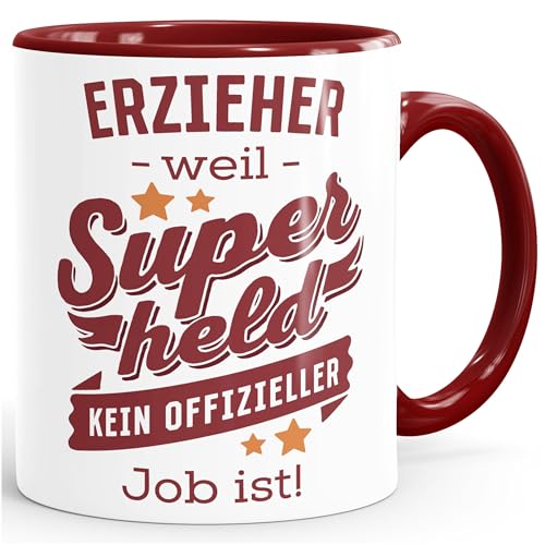 SpecialMe® Kaffee-Tasse [Beruf] weil Superheld kein offizieller Job ist personalisiert mit Namen kleine Geschenke Erzieher bordeauxrot Keramik-Tasse von SpecialMe