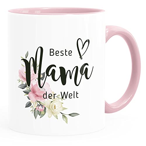 SpecialMe® Kaffee-Tasse Beste Mama der Welt Herz Blumen Blüten Rosen Geschenk zum Muttertag weiss-innen-rosa Keramik-Tasse von SpecialMe