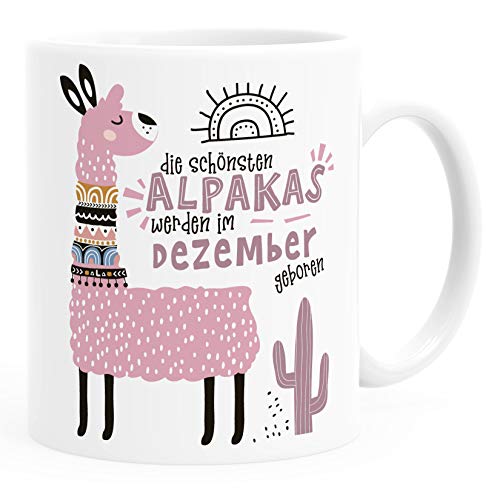 SpecialMe® Kaffee-Tasse Die Schönsten Alpakas werden im Januar-Dezember geboren anpassbares Motiv Geburtsmonat individuelle Geburtstags-Geschenke Lama Dezember Rosa weiß Keramik-Tasse von SpecialMe