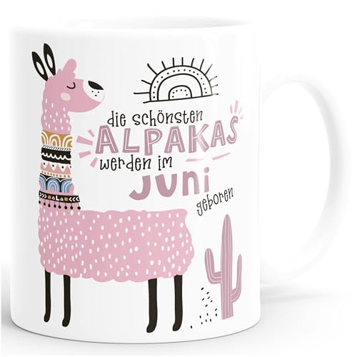 SpecialMe® Kaffee-Tasse Die Schönsten Alpakas werden im Januar-Dezember geboren anpassbares Motiv Geburtsmonat individuelle Geburtstags-Geschenke Lama Juni Rosa weiß Keramik-Tasse von SpecialMe