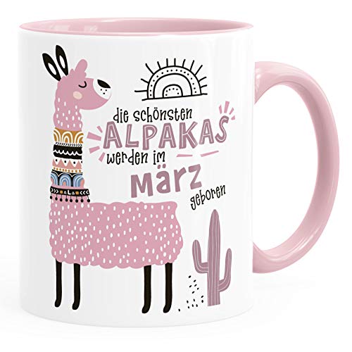 SpecialMe® Kaffee-Tasse Die Schönsten Alpakas werden im Januar-Dezember geboren anpassbares Motiv Geburtsmonat individuelle Geburtstags-Geschenke Lama März Rosa inner-rosa Keramik-Tasse von SpecialMe