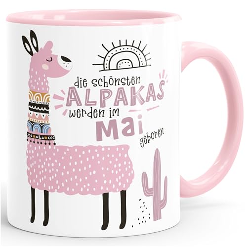 SpecialMe® Kaffee-Tasse Die Schönsten Alpakas werden im Januar-Dezember geboren anpassbares Motiv Geburtsmonat individuelle Geburtstags-Geschenke Lama Mai Rosa inner-rosa Keramik-Tasse von SpecialMe