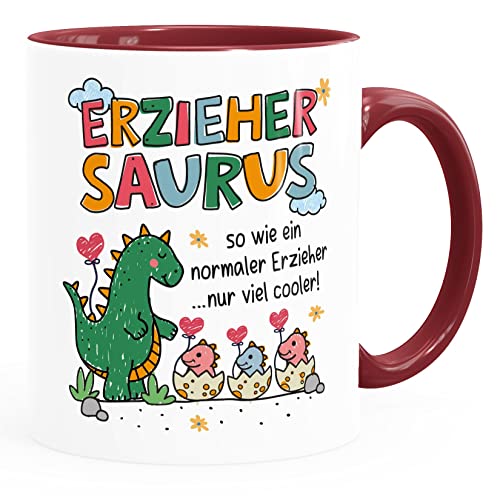 SpecialMe® Kaffee-Tasse Erzieher Saurus Danke Geschenk Dino Spruch So wie nur viel cooler Kinder lustig weiss-innen-bordeauxrot standard von SpecialMe