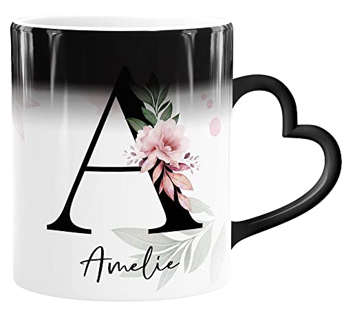 SpecialMe® Kaffee-Tasse Farbwechsel mit Buchstabe Initiale Monogramm personalisiert Namen Rosen-Motiv persönliche Geschenke Blumenhintergrund weiß Magic-Herz-Tasse von SpecialMe