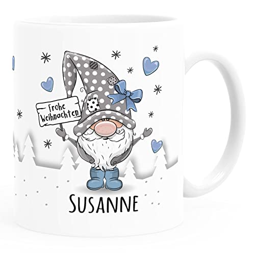 SpecialMe® Kaffee-Tasse Frohe Weihnachten Wichtel Weihnachtsmotiv mit Namen persönliche Geschenke weiß/blau standard von SpecialMe