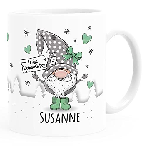 SpecialMe® Kaffee-Tasse Frohe Weihnachten Wichtel Weihnachtsmotiv mit Namen persönliche Geschenke weiss-grün standard von SpecialMe