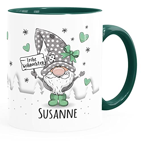 SpecialMe® Kaffee-Tasse Frohe Weihnachten Wichtel Weihnachtsmotiv mit Namen persönliche Geschenke weiß-innen-grün standard von SpecialMe