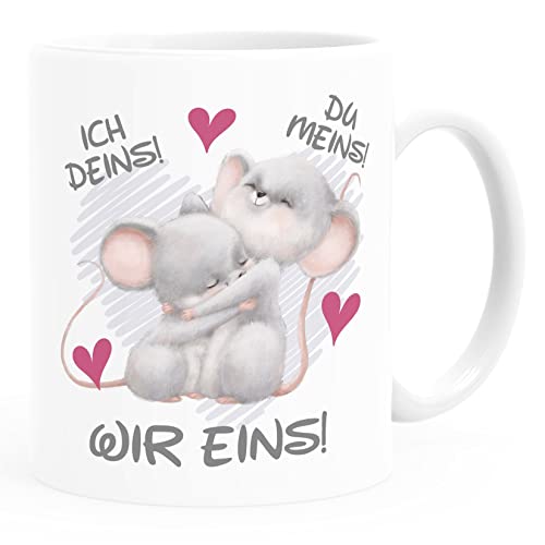 SpecialMe® Kaffee-Tasse Geschenk Liebe Valentinstag Jahrestag Spruch Ich Deins Du Meins Wir Eins Herz Mäuse weiß Keramik-Tasse von SpecialMe
