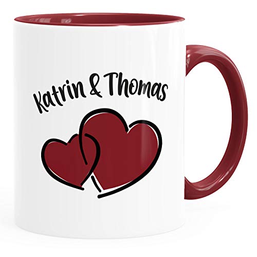SpecialMe® Kaffee-Tasse Herzen personalisiert anpassbare Namen Liebe Geschenk Valentinstag Jahrestag inner-bordeaux Keramik-Tasse von SpecialMe
