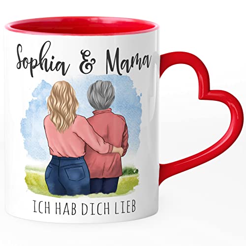 SpecialMe® Kaffee-Tasse Herzhenkel Mama Tochter personalisierbar mit Namen Figuren Geschenk Muttertag Geburtstag weiss-herz-innen-rot Herz-Tasse von SpecialMe