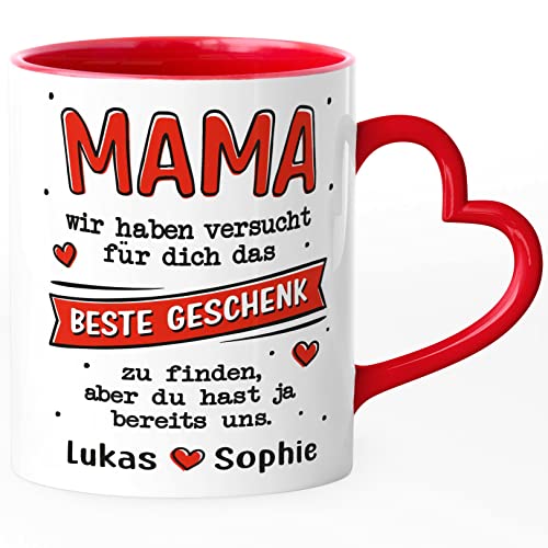 SpecialMe® Kaffee-Tasse Herzhenkel Mama Wir haben versucht das beste Geschenk für dich zu finden personalisiert Namen Kinder Muttertag lustig Uns personalsiert weiss-herz-innen-rot Herz-Tasse von SpecialMe